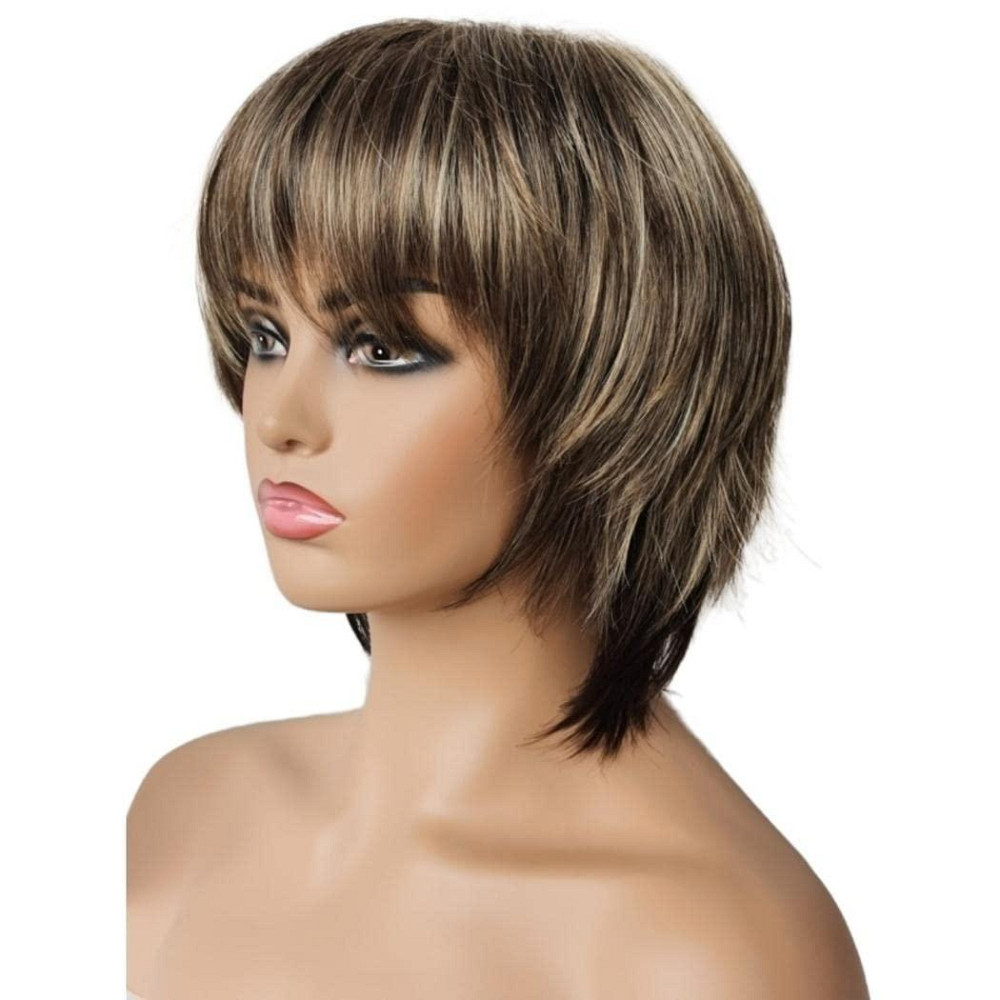 Перука коротка піксі багатошарова каштаново-русява з блондом, термостійке синтетичне волосся із чубчиком коричневе з меліруванням Київ - фото 5