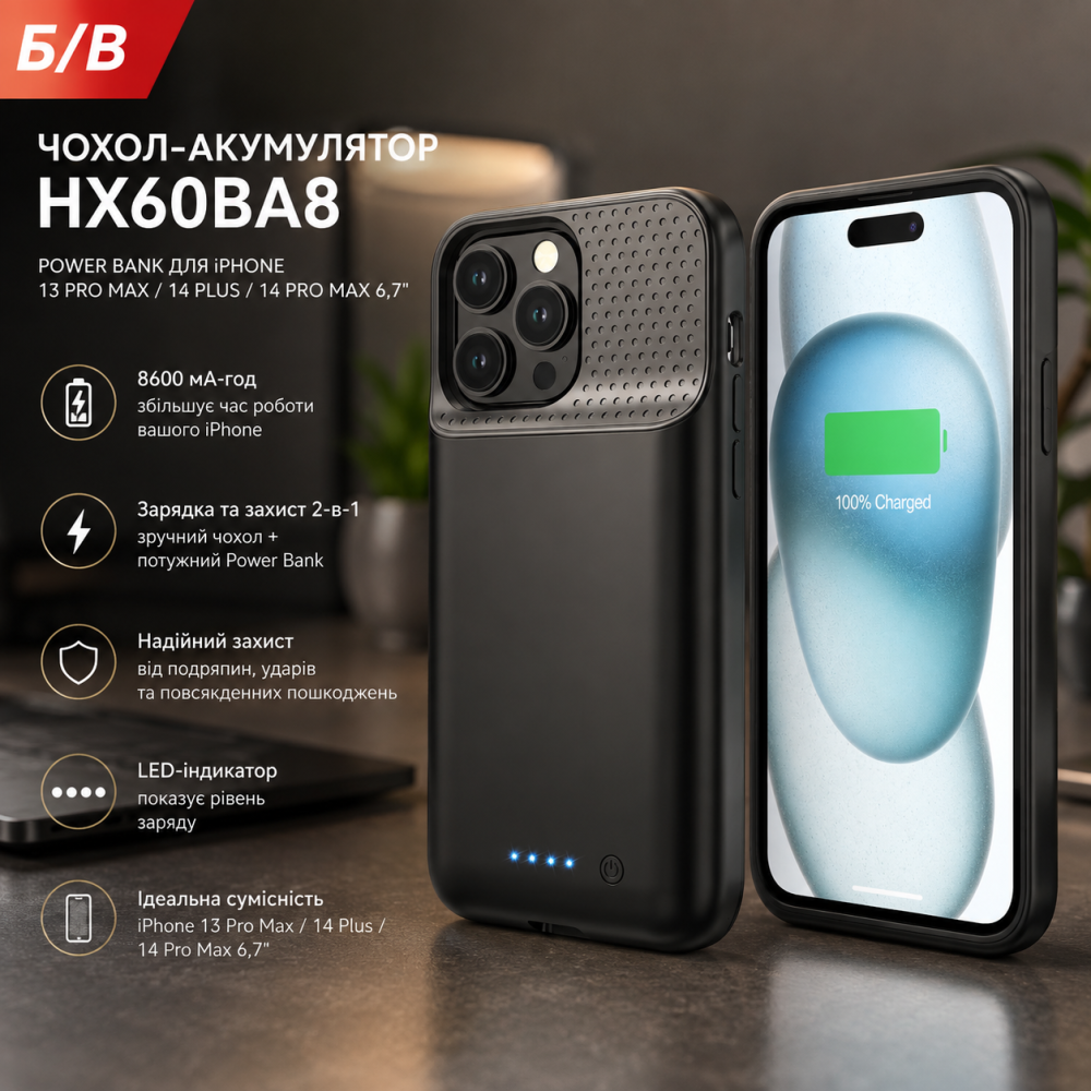 Б/у Чехол-аккумулятор HX60BA8 для iPhone 13 Pro Max/14 Plus/14 Pro Max 6,7″, PowerBank 8600 мА·ч, черный Киев - изображение 8
