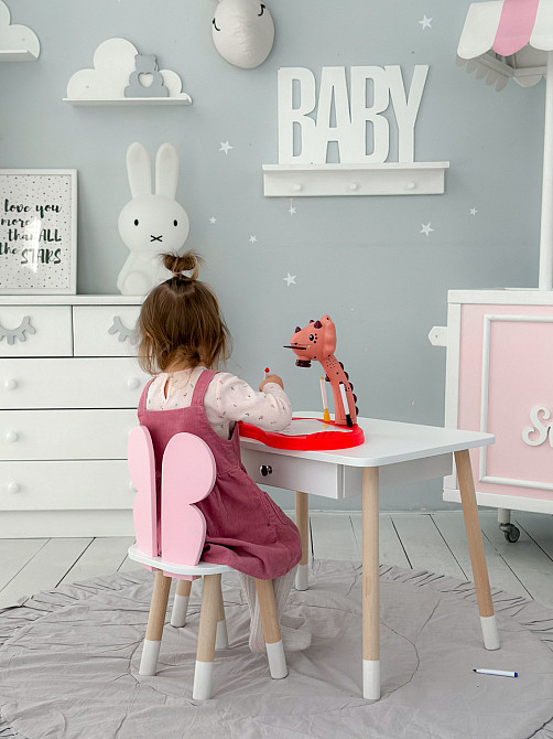 Детский белый столик с ящиком и стульчик бабочка розовый 34961 Киев - изображение 7