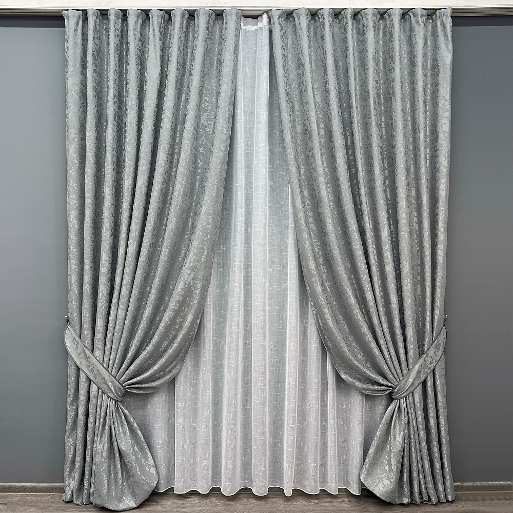 Комплект штор VR-Textil Льон Мармур 150х270 2шт і Тюль 600х270 1911ш-115т Світло-сірий з білим 71-131/5 Київ - фото 1