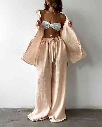 Женский летний оверсайз костюм двойка: рубашка и брюки из смягченного льна креш Пудра, 48/50 Одесса