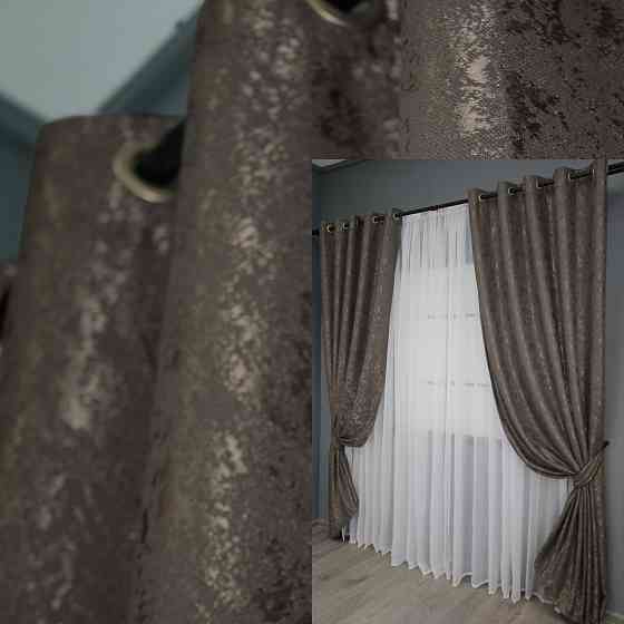 Комплект штор на люверсах VR-Textil Лен мрамор Pavliani № 1288ш 150х250 см 2 шт Темное какао (37-0039) Киев