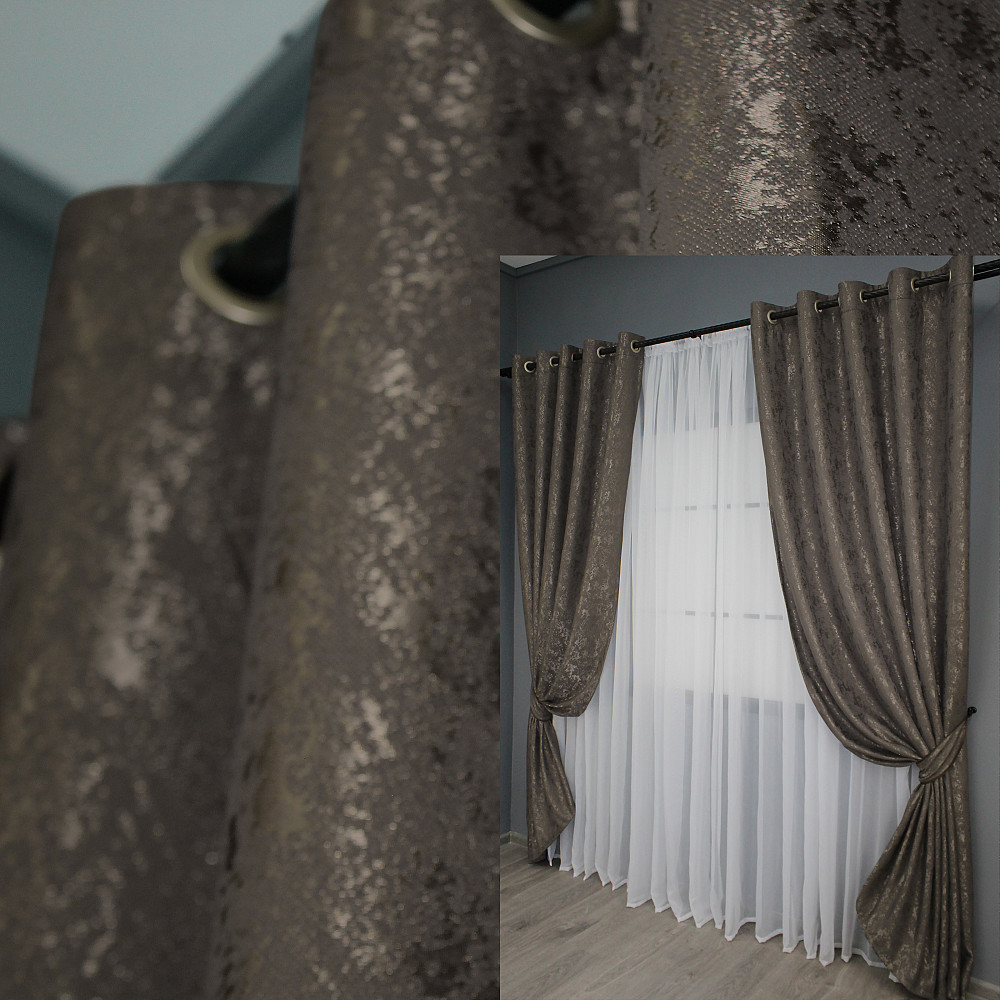 Комплект штор на люверсах VR-Textil Лен мрамор Pavliani № 1288ш 150х250 см 2 шт Темное какао (37-0039) Киев - изображение 1
