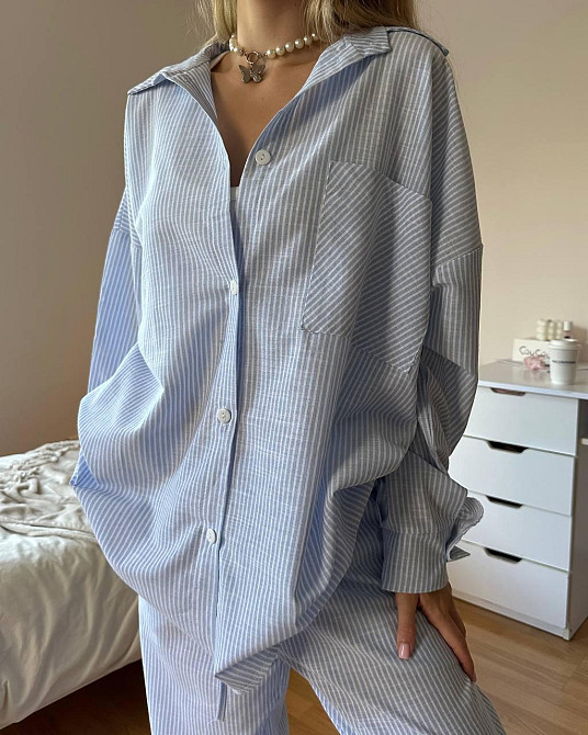 Женский стильный повседневный костм двойка лен- коттон полоска Голубой, 46/48 Одесса - изображение 6