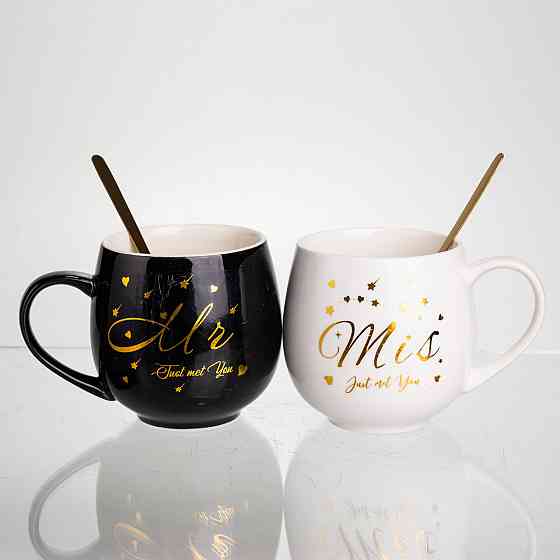 Набор парных фарфоровых чашек Mr&Mis 2 (шт) по 350 (мл) чашки на подарок с ложкой Черный с белым FM-29 SBR Киев