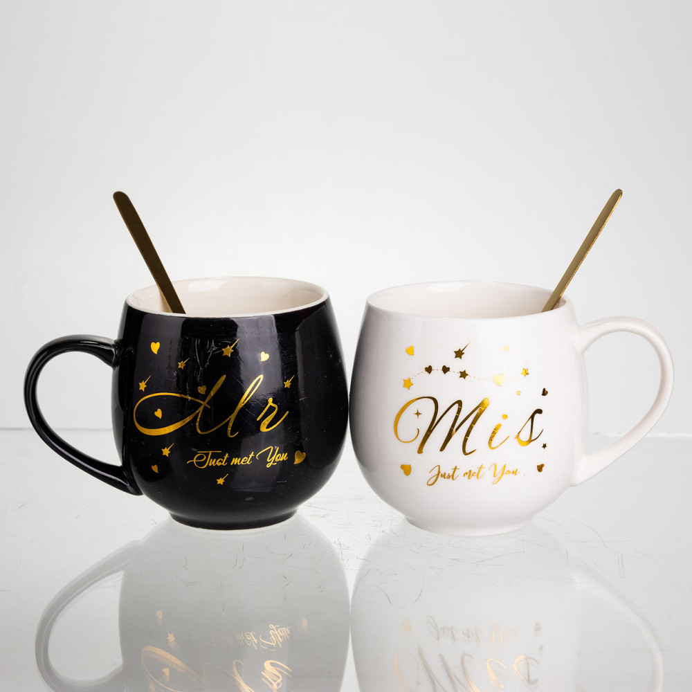 Набор парных фарфоровых чашек Mr&Mis 2 (шт) по 350 (мл) чашки на подарок с ложкой Черный с белым FM-29 SBR Киев - изображение 1