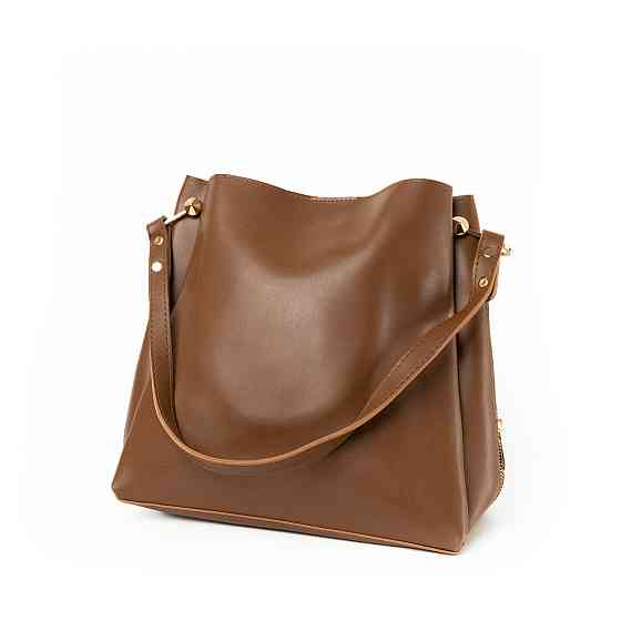 Сумка женская через плечо вместительная стильная из искусственной кожи с боковыми молниями, Коричневый Каменец-Подольский