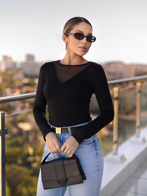 Жіноча кофточка з декольте сітка "Annabel" | Батал Чорний, 50-52 54-56, Чорний Київ - фото 4