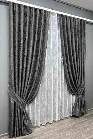 Комплект штор VR-Textil Льон Мармур 150х270 2шт і Тюль 600х270 1267ш-1400т Сіро-коричневий з білим 71-140/5 Київ