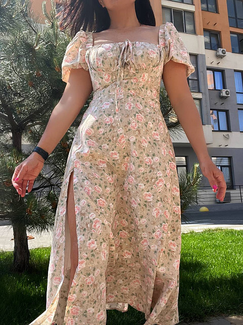 Платье женское летнее A-N 2669 цветочный принт разрез шнурок на груди длинное бежевое, бежевый, M Киев - изображение 3