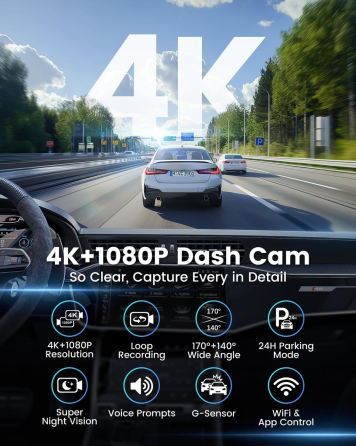 Автомобильный видеорегистратор Penemay V31 4K+1080P, 2 камеры, Wi-Fi, 64 ГБ, G-Sensor, 24/7 Parking, экран 1.97 Киев