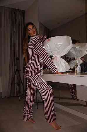 Женская шелковая пижама двойка в полоску Черный, 48/50 Одесса