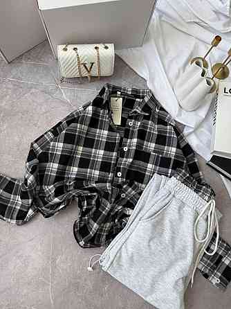 Женский повседневный костюм двойка: рубашка в клетку и штаны фланель + двунитка Черный, 48/52 Одесса