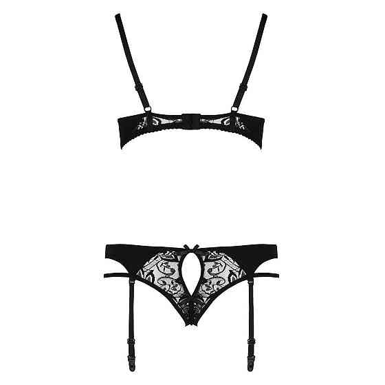 Комплект білизни Passion PAULINE SET L/XL, black, стрепи, ліф, стрінги і пояс для панчох Sex Aura Київ