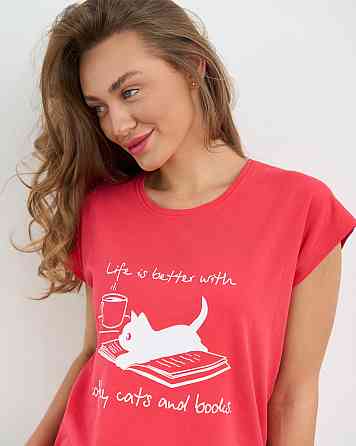 Женская пижама комплект с шортиками в клетку - Кофе, котики и книги Nicoletta 60244 M, Красный Киев