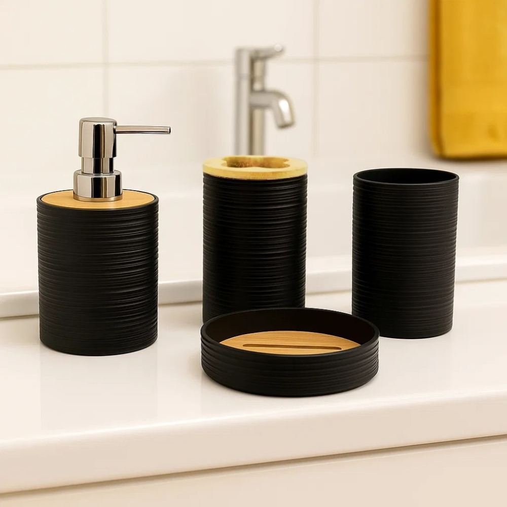 Набор аксессуаров 4в1 для ванной и душа, мыльница,дозатор для мыла, стаканы,пластик,черный Каменец-Подольский - изображение 1