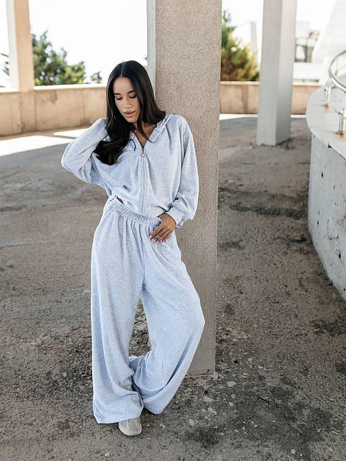 Женский повседневный оверсайз костюм двойка: кофта и штаны хлопковый велюр Меланж Одесса - изображение 8