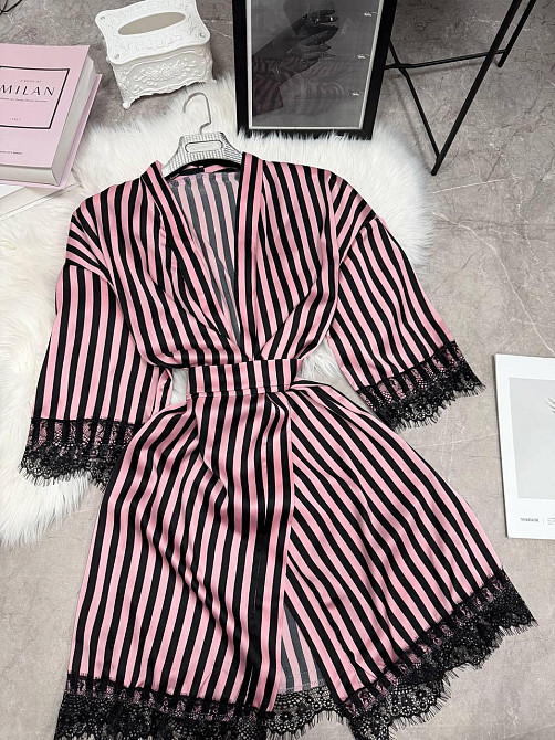 Женский домашний халат в полоску шелк армани с кружевом Розовый, Oversize 42/46 Одесса - изображение 4