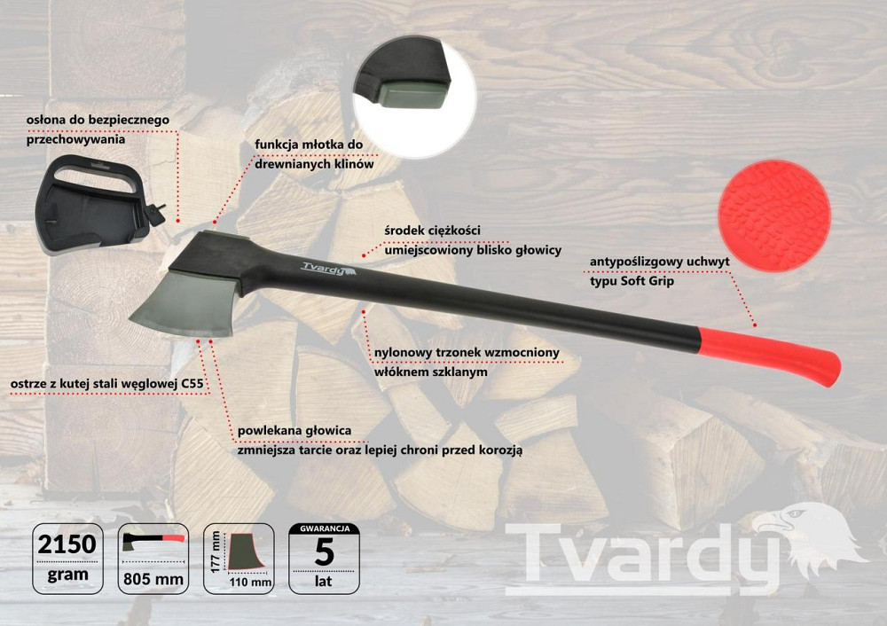 Сокира "Tvardy" вагою 2.150г кована з вуглецевої сталі C55 з пустотілим топорищем Киев - изображение 1