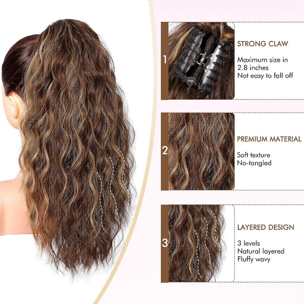 Накладний хвіст каштановий з меліруванням хвилястий, шиньйон на крабі затискачі 45 см, термостійке волосся коричневе з русявим Київ - фото 4