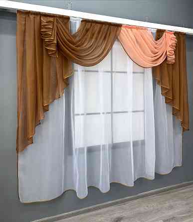 Кухонный ламбрекен VR-Textil № 093к из тюля коричневый с персиковым и белым 200х170 см (52-1214) Киев