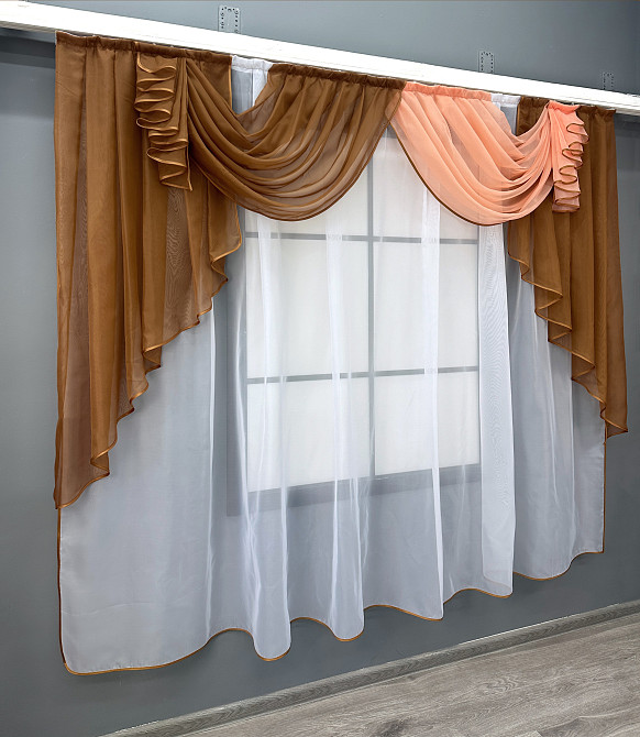 Кухонный ламбрекен VR-Textil № 093к из тюля коричневый с персиковым и белым 200х170 см (52-1214) Киев - изображение 2