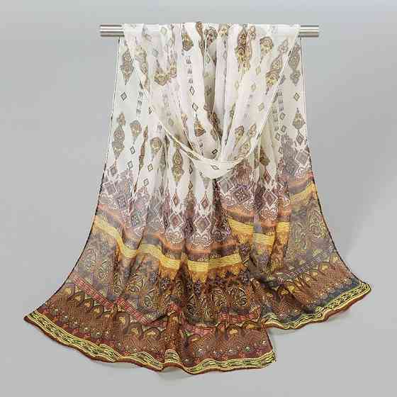 Жіночий шифоновий шарф з етнічним орнаментом 150 на 45 см бежево-коричневий Київ