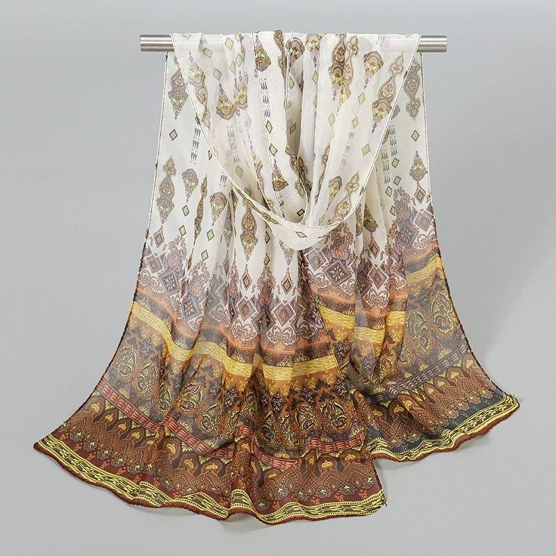 Женский шифоновый шарф с этническим орнаментом 150 на 45 см бежево-коричневый Киев - изображение 1