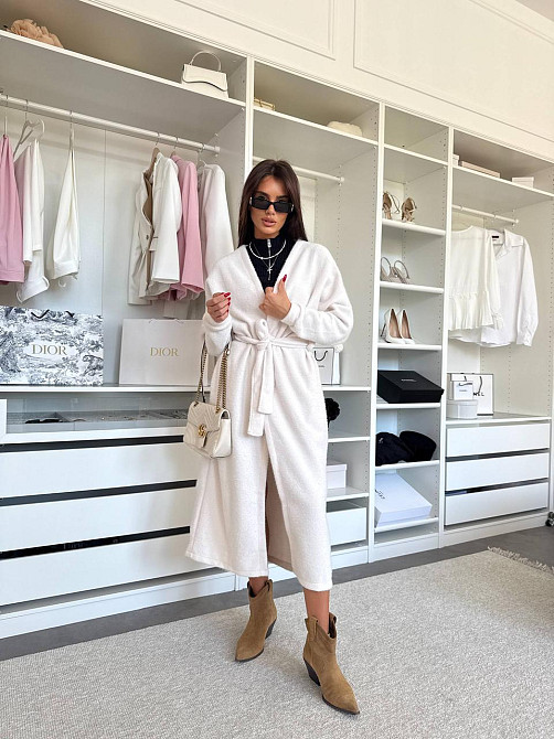 Жіночий затишний довгий кардиган із поясом Альпака. Кремовий Одеса - фото 8