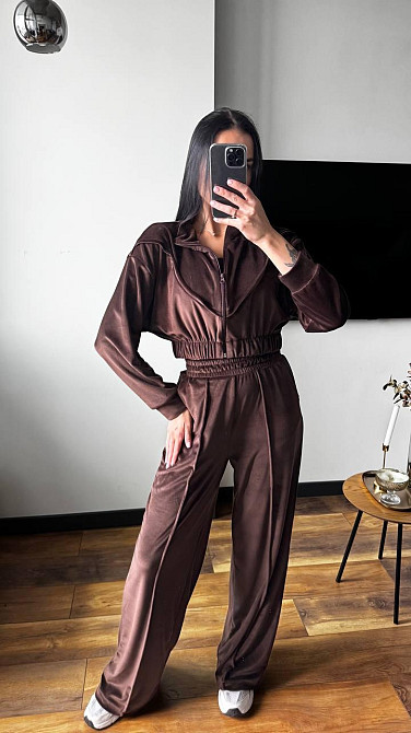 Женский плюшевый костюм тройка: кофта топ и штаны велюр Шоколадный, 44/46 Одесса - изображение 3