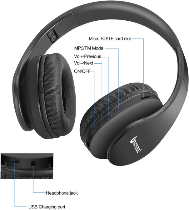 Бездротові Bluetooth-навушники Uomeod V5.0 складні, дротова стереогарнітура з мікрофоном, FM та MicroSD, чорні Київ - фото 16