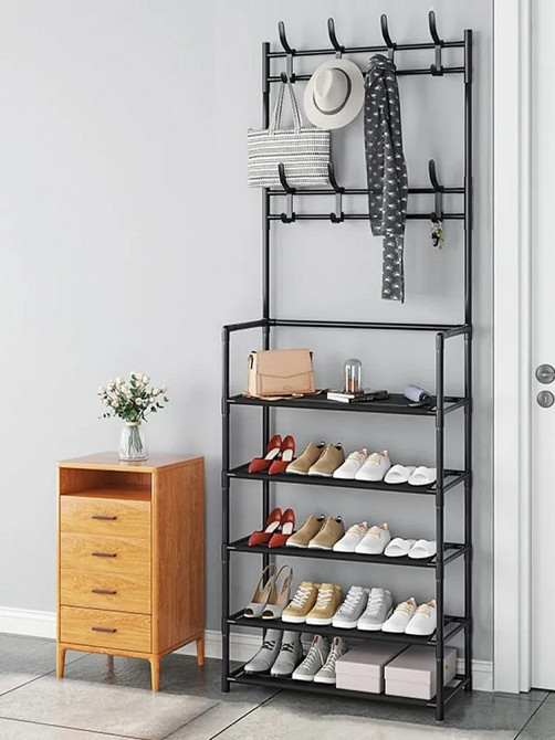 Полочка с вешаком для прихожей 25х60х150, Органайзер для обуви и одежды с 6 полками, Черного цвета Каменец-Подольский - изображение 3