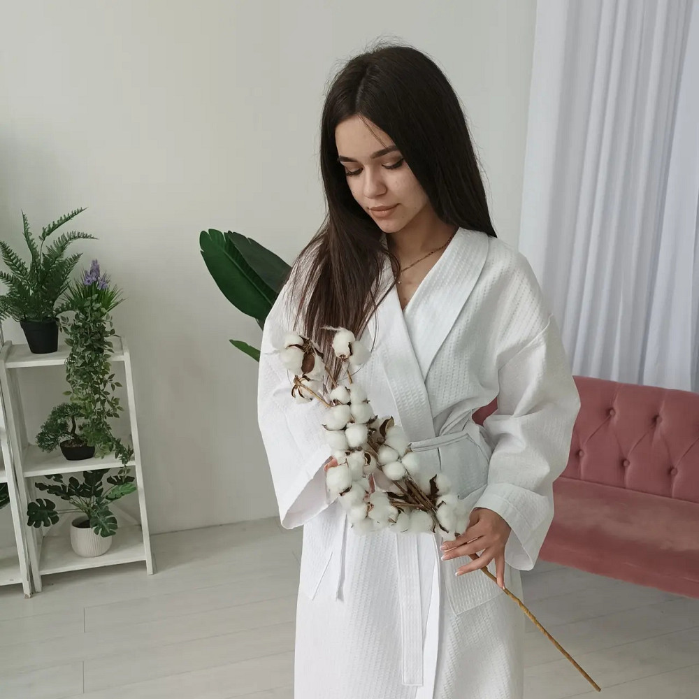 Вафельный женский халат Кимоно YouStar 100% хлопок размер M (48-50) 200 г/м2 (Белый) Сумы - изображение 6