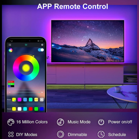 LED-лента TK99SW RGB 5050 1 м USB 5 В, Bluetooth, управление с телефона и пульта, Music Sync для ТВ и монитора Киев