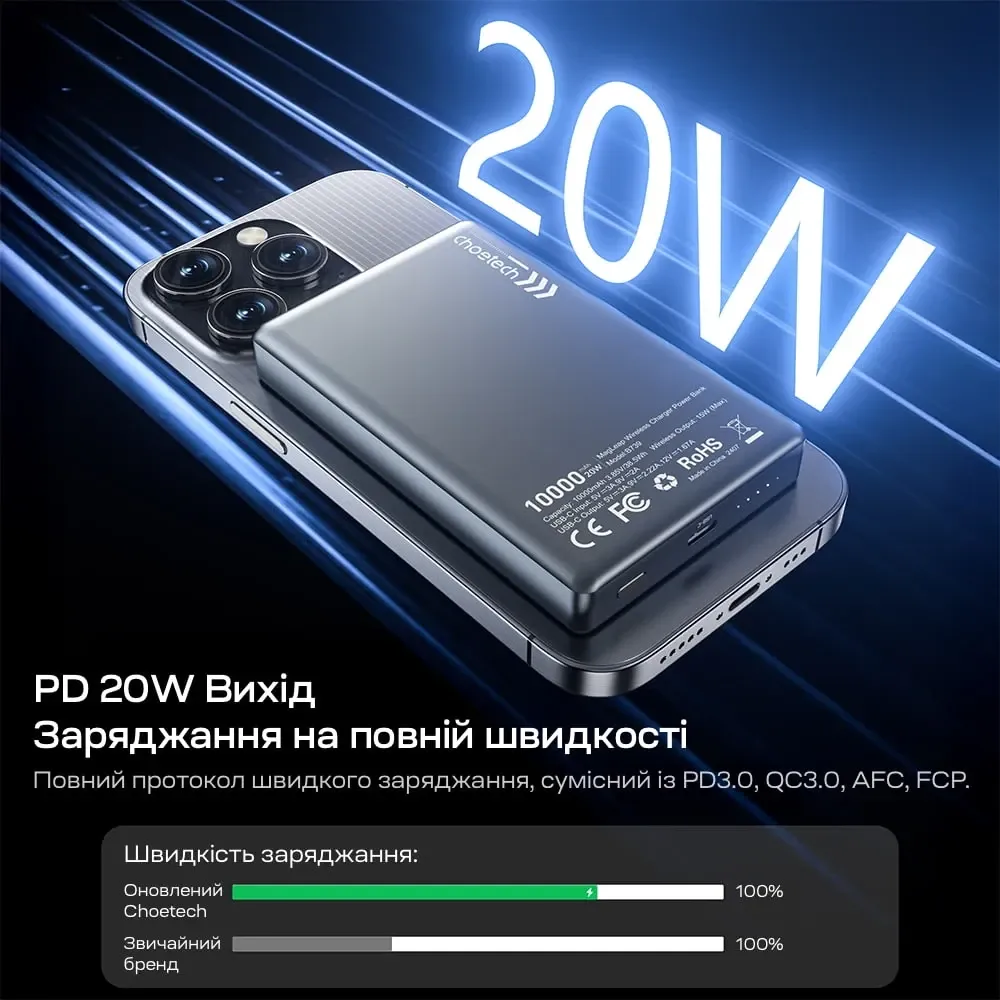 Повербанк 10000mAh Choetech B739 Black QC3.0 PD3.0 бездротова магнітна зарядка (43-00151) Київ - фото 14