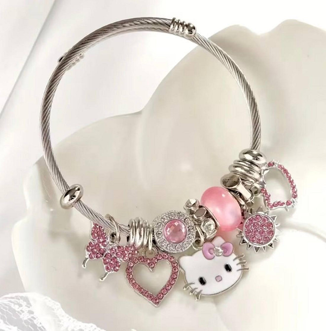 Набір прикрас для дівчинки: браслет і намисто з підвісками котик, серце, метелик (2 шт) Київ - фото 2