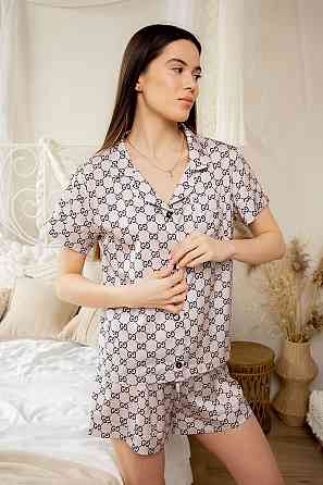 Піжама жіноча з сатину з шортами і сорочкою Пудровий XS/S Харків