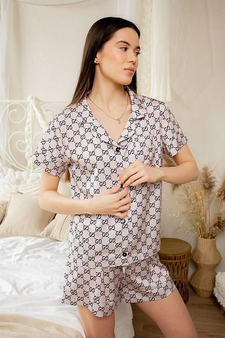 Піжама жіноча з сатину з шортами і сорочкою Пудровий XS/S Харків - фото 1