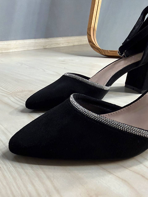 Туфлі жіночі Meideli 2813-1 човники з ремінцем замшеві зі стразами на підборах чорні, 37, 23,5 см Київ - фото 12