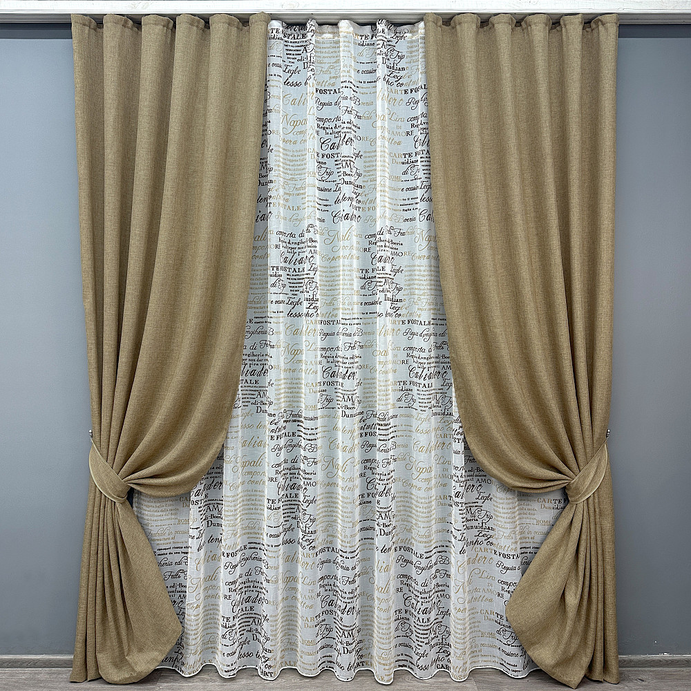 Комплект штор VR-Textil Льон Мішковина 150х270 2шт і Тюль 400х270 673ш-1790т Капучино з білим 71-063/3 Київ - фото 1