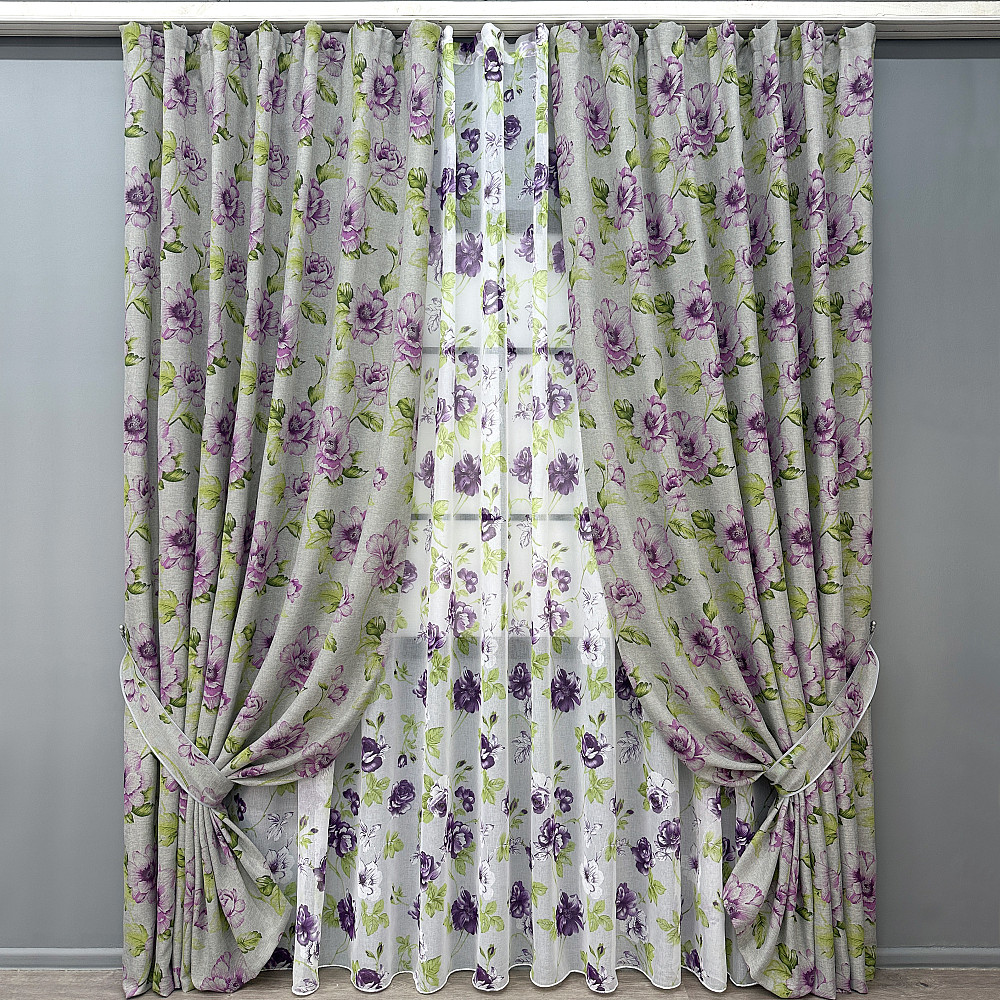Комплект штор VR-Textil Льон Прованс 150х270 2шт і Тюль 600х270 2079ш-1266т Сірий з фіолетовим та білим 71-206/5 Київ - фото 1