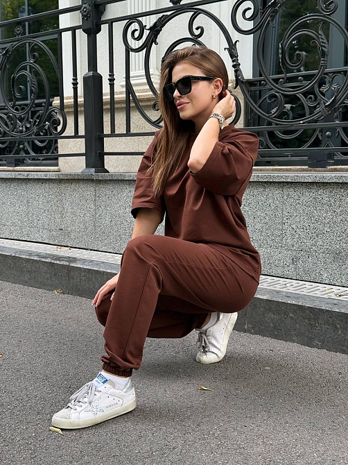 Спортивный костюм женский футболка и штаны джогеры Коричневый M-L Харьков - изображение 3