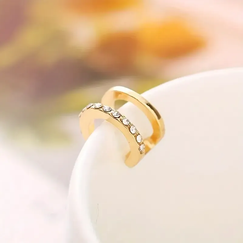 Серьга-кафф золотистого цвета с двойным ободком и камешками (без прокола) Киев - изображение 2