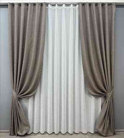 Комплект штор VR-Textil Льон Мішковина 200х270 2шт і Тюль 500х270 1769-115т Сірий з білим 71-029/6 Київ