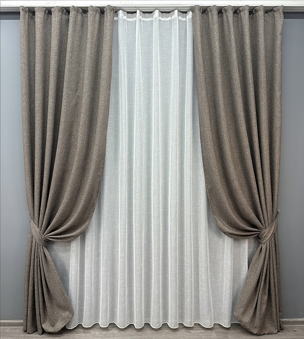 Комплект штор VR-Textil Лен Мешковина 200х270 2шт и Тюль 500х270 1769-115т Серый с белым 71-029/6 Киев - изображение 1