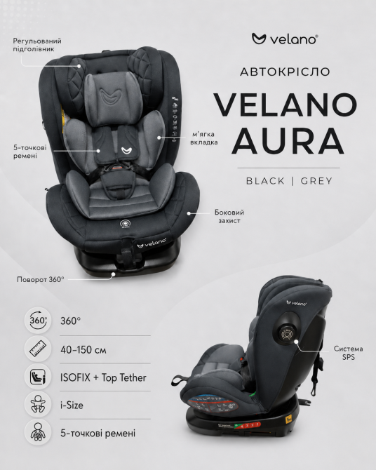 Автокресло VELANO Aura 360° i-Size 40-150 см, ISOFIX, black Киев - изображение 7