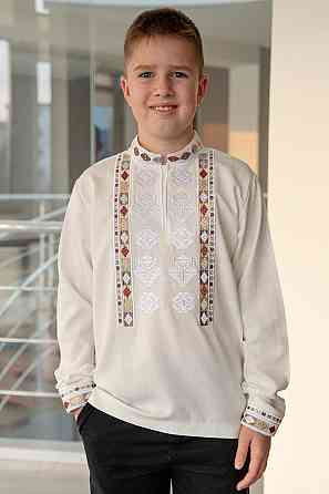 Вышиванка для мальчиков с длинным рукавом льняная, молочная, топ 164 Киев