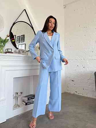 Женский классический брючный костюм двойка: пиджак и брюки креп-костюмка Голубой, 50/52 Одесса