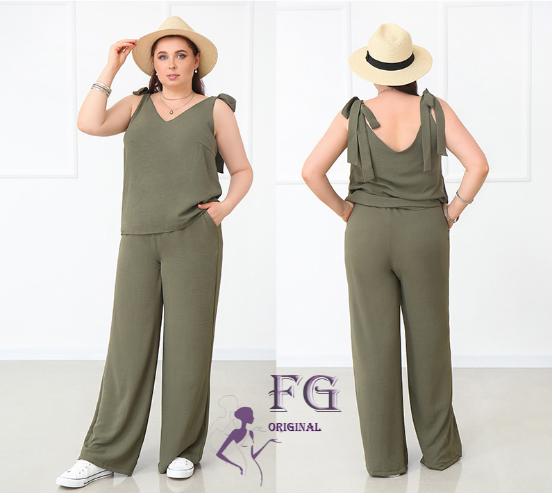 Летний женский костюм с широкими брюками Ясмин батал 50, Хаки Киев - изображение 1