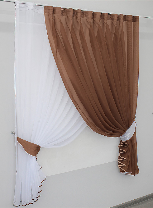 Кухонні шторки VR-Textil № 060к "Дует" з підв'язками білий з коричневим 330х170 см (50-346) Київ - фото 2